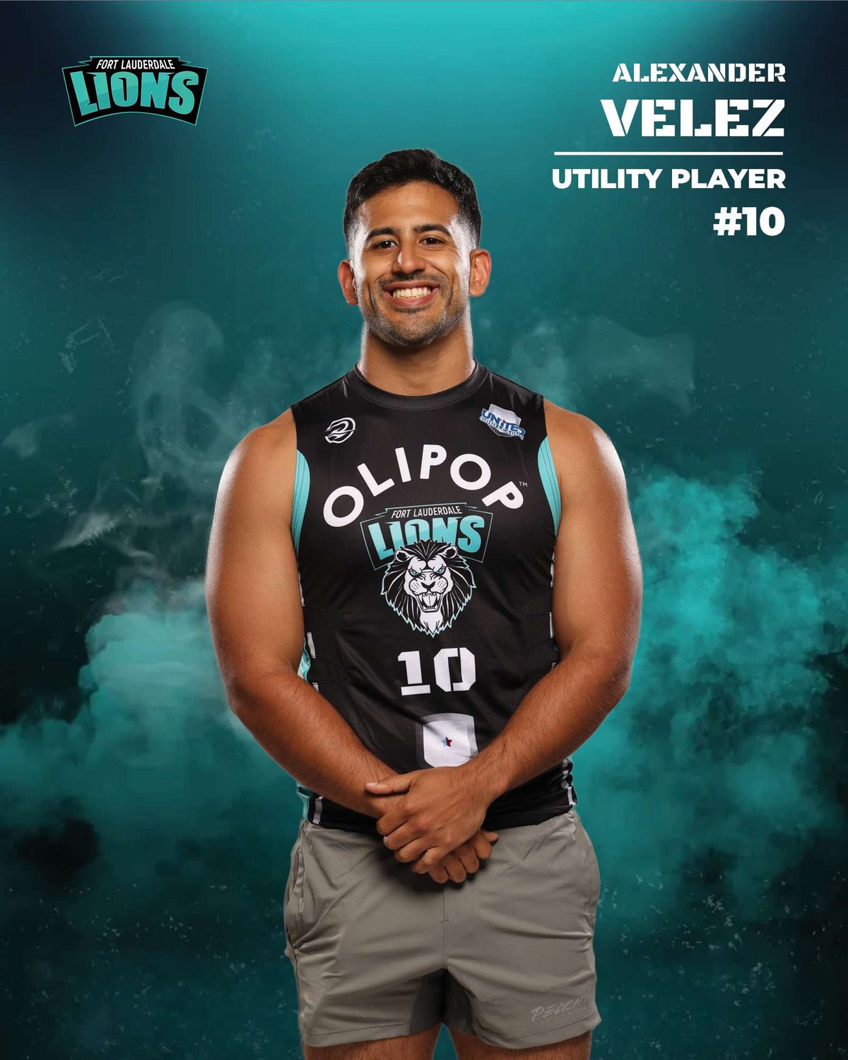 Alexander Velez, number 10 and a utility player for the Fort Lauderdale Lions, on his 2026 Grid League player card.